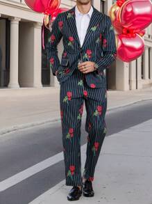 Manfinity Bizformal Men's Striped & Floral Print Lapel Neck Blazer Jacket And Pants Suit Set - Multicolor - View 2