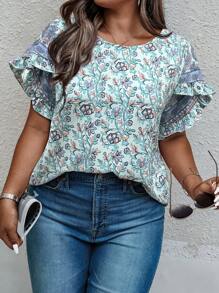 SHEIN LUNE Plus Size Summer Casual Floral Print Ruffle Trim Blouse - Multicolor - View 1