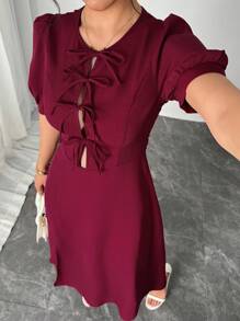 SHEIN Unity 优雅法式泡泡袖系腰勃艮第红色女式连衣裙 - 酒紅色 - 查看 7