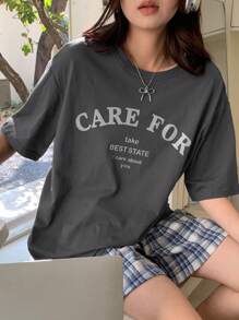 DAZY 2pcs Women's Loose Plaid Shorts Sleepwear Set With English Letter Print Pajama - Grey - View 9