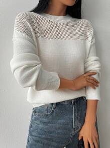 Chiquease Women's Elegant Hollow Out Round Neck Drop Shoulder Loose Knit Sweater Knit Pullover Fall Winter Sweater - Beige - View 5