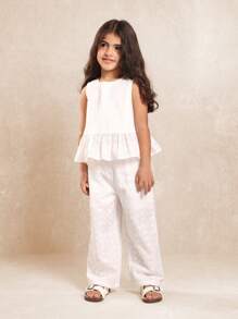 SUMWON Mädchen Sommer Lochstickerei Zweiteiler mit Peplum ärmelloser Bluse und weiter Hose, Urlaubsoutfit für Strand, Party im Frühling - Weiss - Übersicht 1