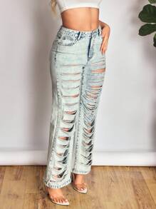 SHEIN SXY Jeans rectos de pierna casual con efecto desgastado de moda, estilo callejero para mujeres