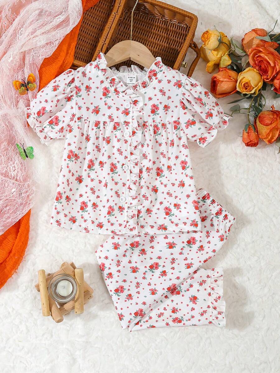 2pcs Young Girl Casual Elegant Ruffle Trim Ditsy Floral Pattern Short Sleeve Blouse And Long Pants Homewear Set - Pink - View 1
