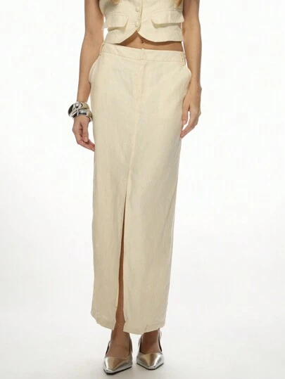 MISSGUIDED Elegant Linen Maxi Skirt With Front Split Design, High-Waisted Long Skirt For Summer Beach Vacation Wedding Party Evening Wear Resort Casual