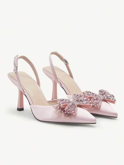 CUCCOO CHICEST Tacones altos de punta con strass y lazo para mujer, elegantes, dulces y encantadores, bombas de satén rosa para dama, para fiesta, cita, té de la tarde, ocasión formal, cumpleaños