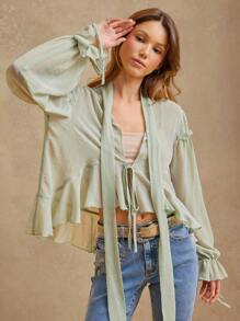 WESTFADE Neck Scarf Tie Ruffle Babydoll Long Bow Sleeve Crop Top, Spring Summer Vacation For Cowgirl
