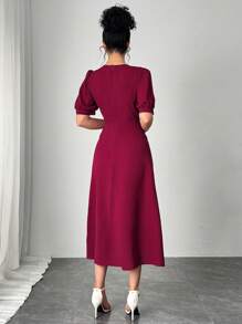 SHEIN Unity 优雅法式泡泡袖系腰勃艮第红色女式连衣裙 - 酒紅色 - 查看 2