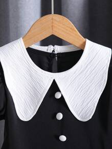 Young Girl' Elegant Waist Flared Short Sleeve Dress + Detachable Collar, Suitable For Daily Commute, Casual, Entertainment, Holiday And Travel In Summer