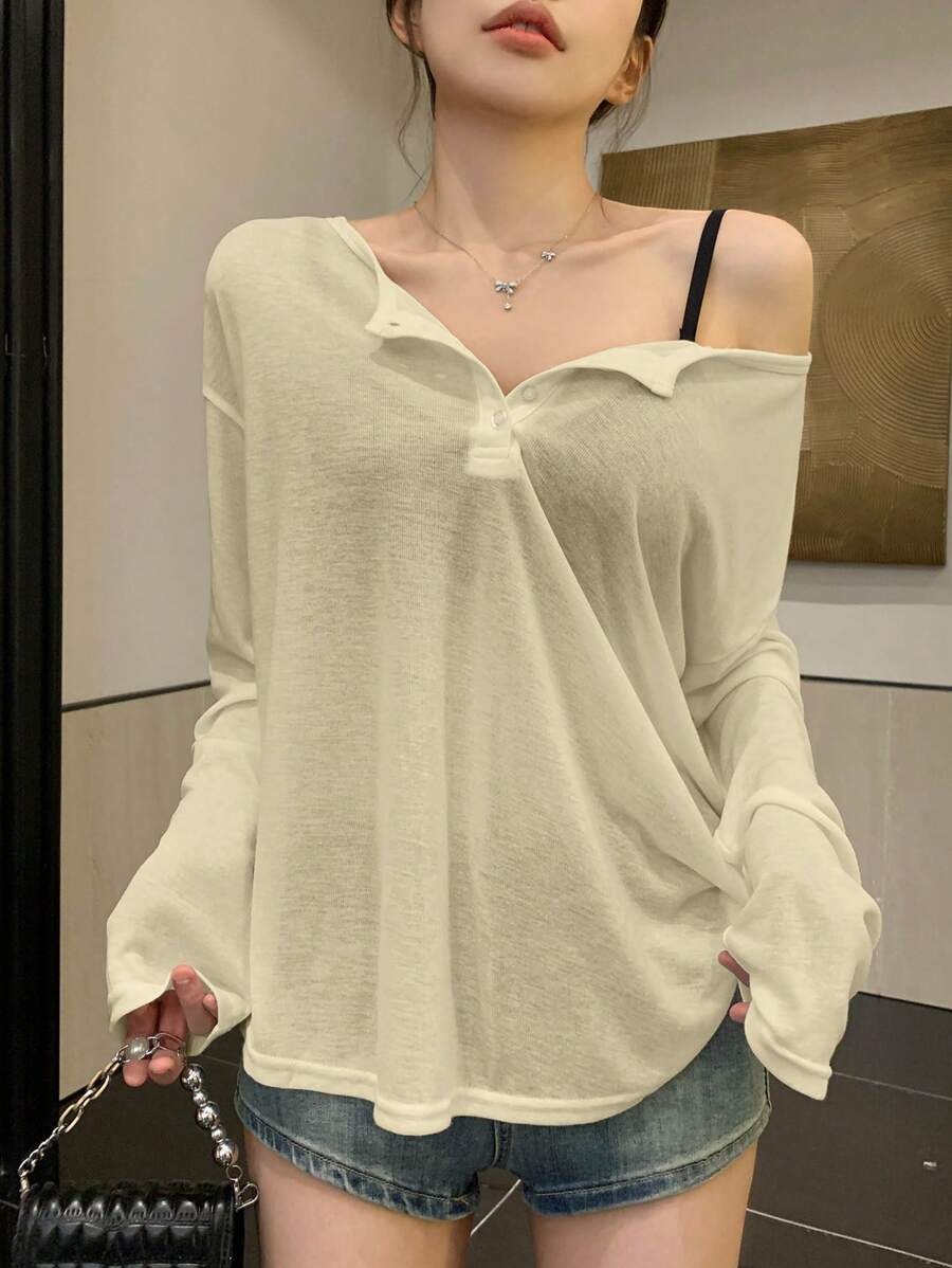 DAZY Women's Solid Color Front Button Long Sleeve Simple Blouse, Casual For Daily Wear,Back To School Clothes - Beige - View 1
