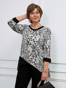 SHEIN LUNE Women Leopard Print V-Neck 3/4 Sleeve Loose Blouse - Black - View 4