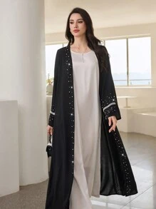 Al Najma Women's Elegant Luxurious Beaded Pearl Long Abaya Robe,Modest - Black - View 6