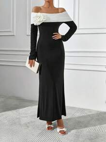 EURMUSE Vestito lungo da donna in colore bianco e nero con dettagli floreali a contrasto