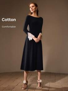 MOTF PREMIUM BOAT NECK CONTRAST GUIPURE LACE FLARE SLEEVE DRESS WITHOUT BELT - Black - View 2