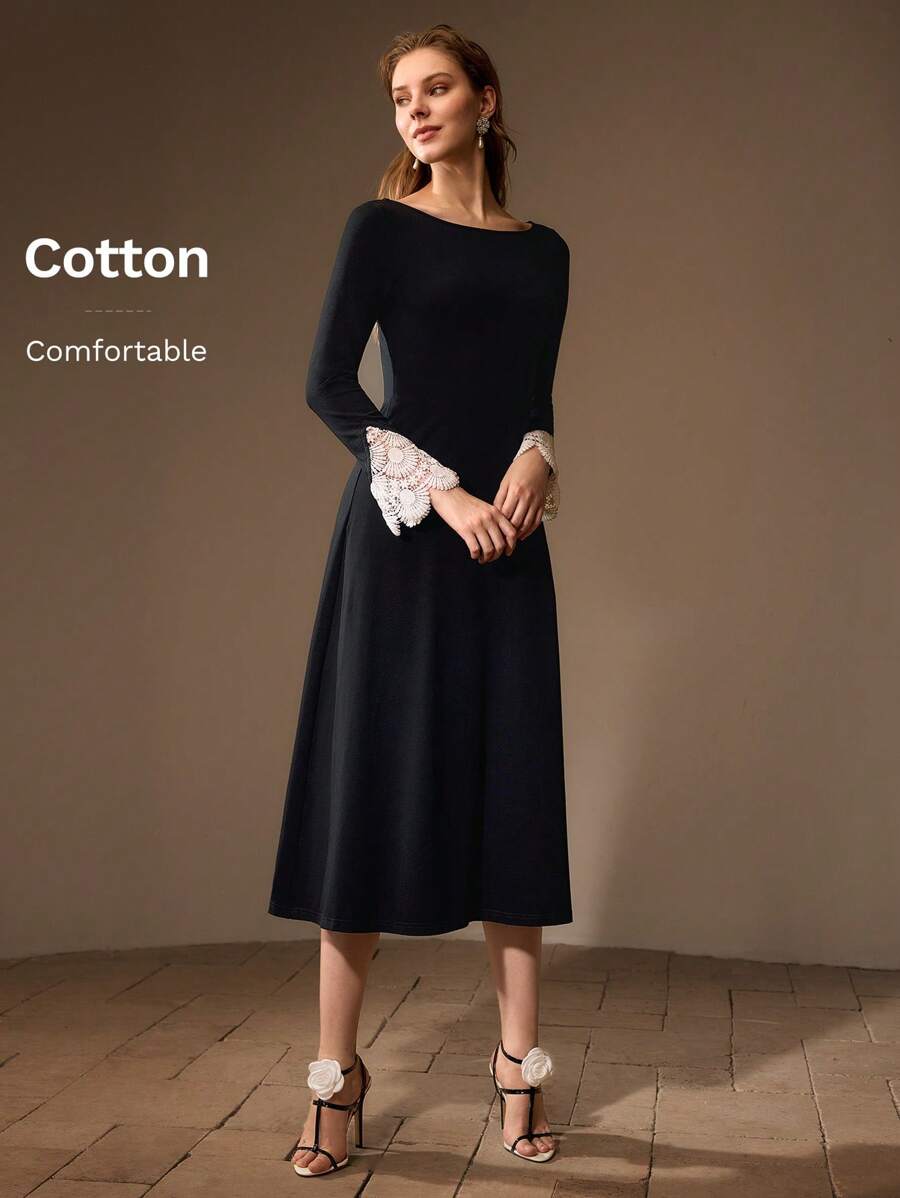 MOTF PREMIUM BOAT NECK CONTRAST GUIPURE LACE FLARE SLEEVE DRESS WITHOUT BELT