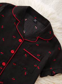 时尚女童荷叶边领泡泡褶皱樱桃印花睡衣套装 - 黑色 - 查看 3