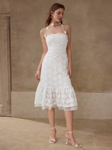 MOTF LACE RUFFLE HEM HALTERNECK DRESS