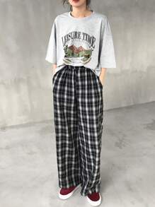 FRIFUL Women Casual 2 Pieces Set: T-Shirt & Plaid Pants, Graphic Print, Summer Lounge Sets For Women - Grey - View 2