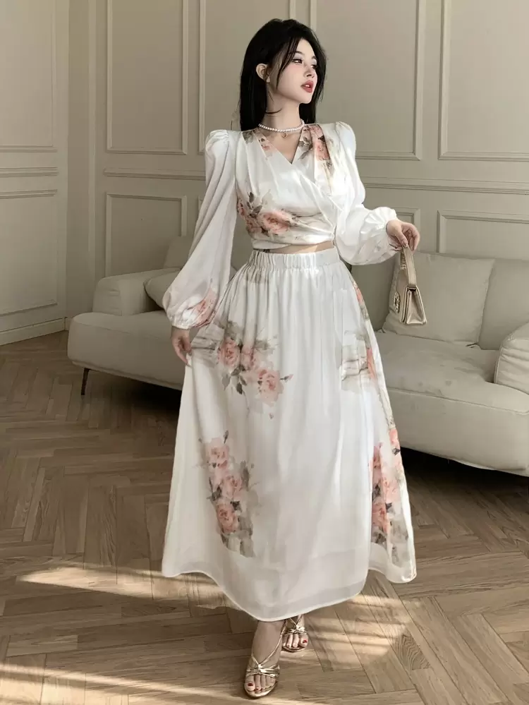 Women Floral Print Maxi Dress 2pcs Set, Spring/Summer Easter
