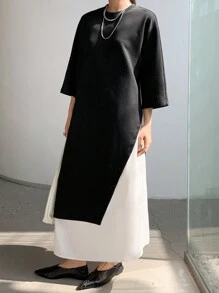 DAZY Bộ 2 váy voan xẻ cao bất đối xứng cho nữ công sở - màu đen - Xem 4