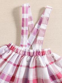 嬰兒前蝴蝶結泡泡袖襯衫和格紋印花背带半身裙
