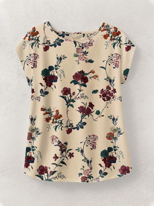 Rusticease Blusa de mujer de cuello redondo casual y sencilla con estampado floral, apropiada para el verano
