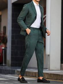 Manfinity Mode Plus 男士时尚绿色细条纹西装套装双排扣西装外套和长裤 - 綠色 - 查看 6