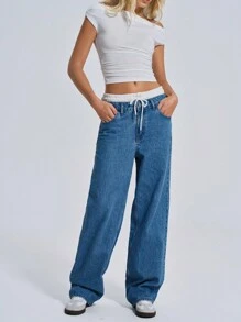 EURMUSE WOMEN WIDE LEG LOW WAIST JEANS - Medium Wash - View 4