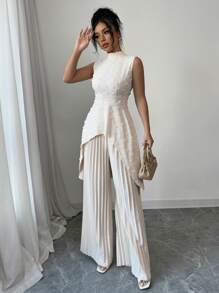 Elenzga 2pcs/Set Women Elegant Vacation Textured Fuzzy Sweater And Wide Leg Pleated Pants