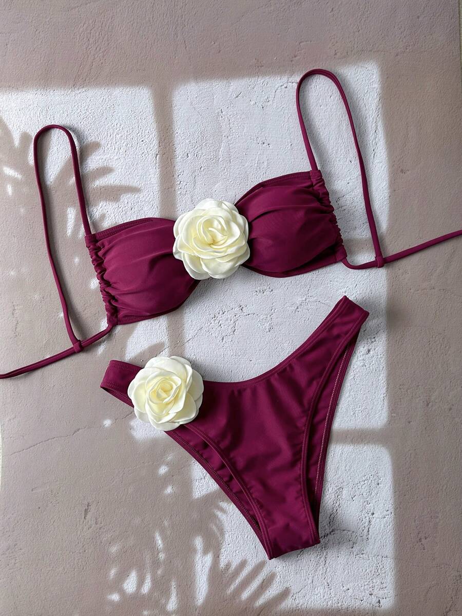 Swim Chiccia Women's Fashionable & Elegant 3D Flower Decor Bikini Set For Summer Beach Vacation - Burgundy - View 1