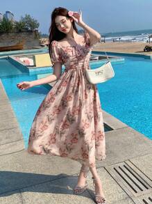 DAZY 女式甜心领系带正面花卉印花长款衬衫裙太阳裙