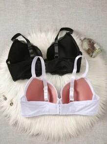 DesireSculpt 2pcs/Set Women Plus Size Minimalist Lace Splice Underwire Adjustable Lingerie Bralette, Lift - Black and White - View 2