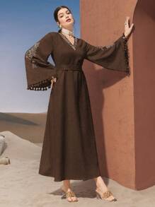 Al Najma 女士土耳其风格和阿拉伯传统长裙，朴素的卡夫坦 - 咖啡棕 - 查看 6