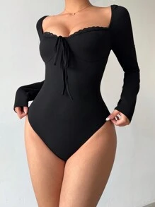 Chiquease SHEIN ChicEase Sexy & Elegant Mature Style Black Knit Elastic Heart-Shaped Collar Long Sleeve Lace Backless Bodysuit For Women,Bodysuit,Women's T-Shirt,Black Y2K Bodysuit,Sexy Clothes,Vacation Outfits Woman,Women's Clothes For Valentine's Day,Old Money ,Festival,Western Wear Women
