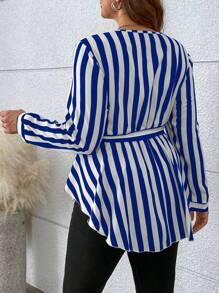 Maweii Plus Size Striped Printed Cross Collar Asymmetrical Hem Blouse Peplum Top - Blue - View 6