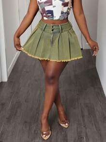SHEIN Slayr Shorts vaqueros con triple botón desgastados vintage, faldas-pantalón de verano para mujer de tela vaquera delgada y ligera, de corte casual y sexy tipo A-line - Azul - Ver 1