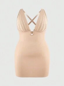 SHEIN Shape Plus Size Shaping Plunge Deep-V Shapewear Slip Body Shaper Butt Lifter With Adjustable Straps-Tummy Waist Thigh Control
