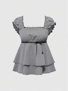 ROMWE Kawaii Spring|Summer Carnival Casual Plaid Girly Bowknot Decor Square Collar A-Line Plaid Babydoll Blouse - Black - View 1