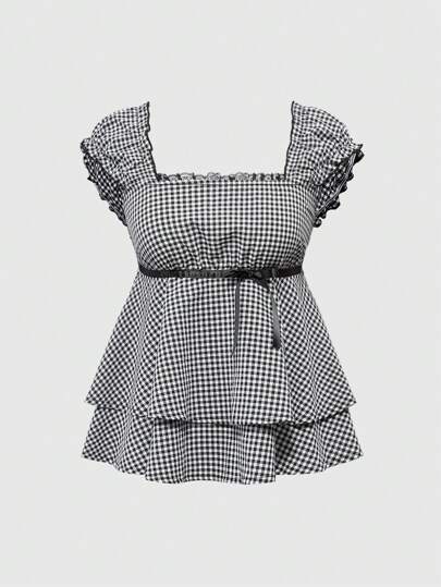 Kawaii Vestito a camicia con stampa quadrettata e fiocco sul colletto, design principesco elegante, taglia comoda