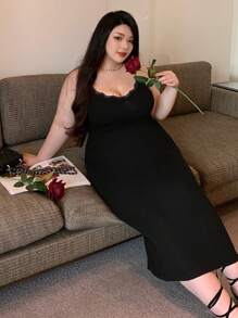 Dazy Plus Plus Size Contrast Lace Slim Fit Dress, Spring/Summer Delicate Lace Party Women Dresses - Black - View 5