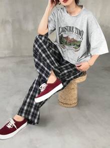 FRIFUL Women Casual 2 Pieces Set: T-Shirt & Plaid Pants, Graphic Print, Summer Lounge Sets For Women - Grey - View 7