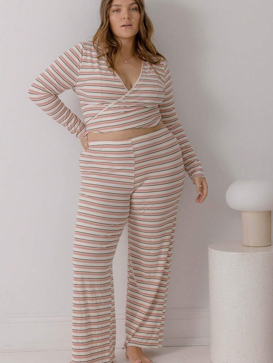 Aralina Curve Casual Jersey Wrap Front Stripe Sleep Crop Top With Scrunchie
