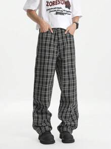 Chillumni Men's Plaid Washed Relaxed Straight Leg Jeans, Urban Chill - Black - View 5