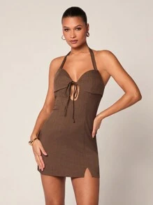 Glamine Women's Solid Color Split Front Tie Bust Cup Back Tie Zipper Fashionable Sexy Spaghetti Strap Vest Dress - Dress, Valentine's Day - Brown - View 5