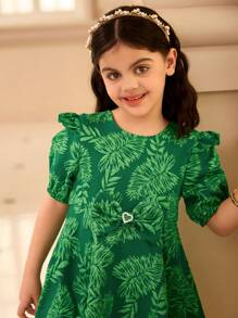 SHEIN 斋月春季年轻女孩 Rls 连衣裙，高端优雅荷叶边细节欧根纱面料公主裙，适合正式场合，年轻女孩 - 綠色 - 查看 8