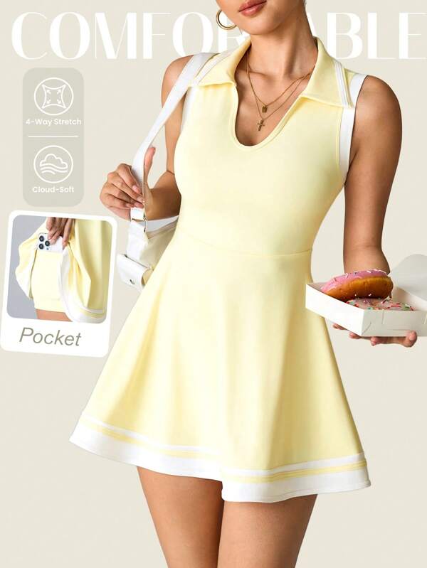 Dewbera Women's Yoga Sport Casual Tee Shirt Dress, Slim Fit For Workout, Running, Fitness, Sleeveless Polo Collar With Pockets, Comfortable For Commute & Outdoor, Sexy With Shorts Athletic Dress