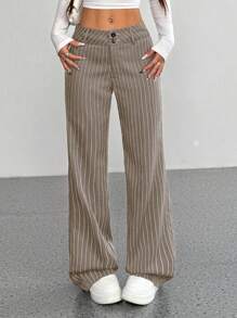 SHEIN Unity Women's Striped Flare Casual/Work Loose Fit Long Pants Fall Cloth For Women - Khaki - View 6