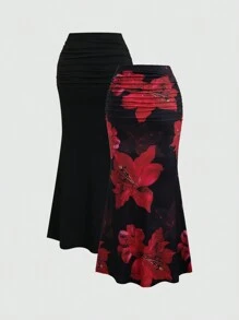 Sweetra Bộ 2 món dành cho nữ: Váy đuôi cá dự tiệc màu trơn thanh lịch và váy in hoa - Nhiều màu - Xem 2