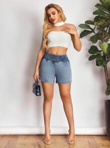 SHEIN SXY High Waist Denim Shorts For Women, Summer New Loose Elastic Waist Wide Leg A-Line Sexy Shorts - Blue - View 5