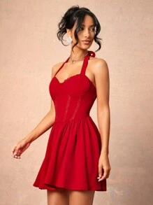 L'Amorae Elegant Fit And Flare Corset Mini Dress - Red - View 3
